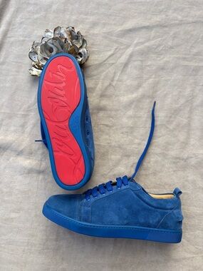 NEW💙Christian Louboutin Red Bottoms Blue Suede Low-Top Sneakers - UK 44, US 11